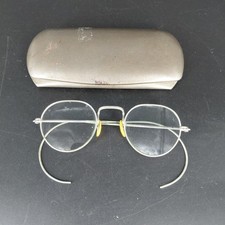 Vintage Silver Metal Round Eyeglasses Cable Temple Wire Frame W Case Men