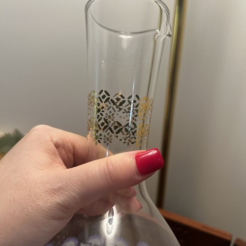 Anthropologie Carafe RIVKA Pitcher Clear Glass Gold Purple Blue Floral Design - Picture 7 of 8