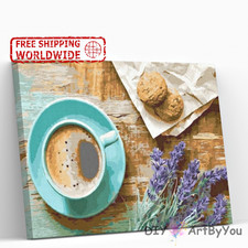 Paint By Numbers Kit Coffee Cookies Flowers Abstract Art Painting Brush Framed
