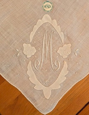 VTG Madera Linen Handkerchief Monogram M Hand Embroidered Desco About 12'' Square