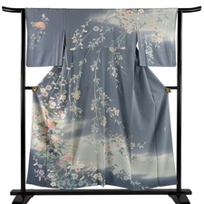 JAPANESE KIMONO HOMONGI BLUE-GRAY 153cm 5 ft 0 in PURE SILK B0029