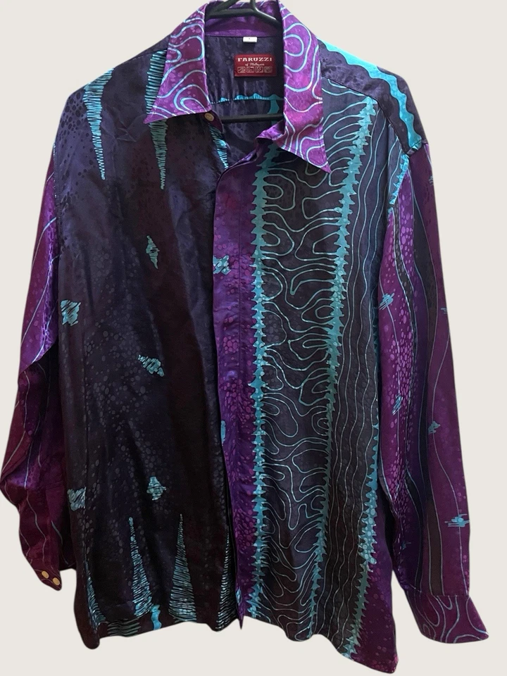 Camisa de seda vintage para hombre estampado batik años 90 Dandy Elvis Rockabilly azul púrpura XL Foto 2 de 4