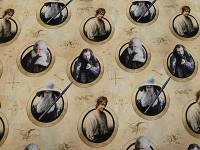 THE HOBBIT Characters in Circles Tan Digitally Printed Cotton By the HALF Yard