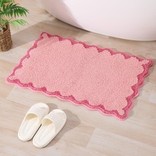 Small Pink Scalloped Bath Mat, Cute Plush Microfiber Scallop Bathroom Rugs No...