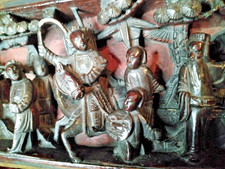 Ancien panneau en bois sculpté--laque-Chine 19ème- cavaliers-soldats-