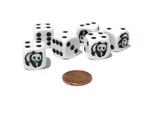 Set of 6 Panda 16mm D6 Round Edged Animal Dice - White with Black Pips