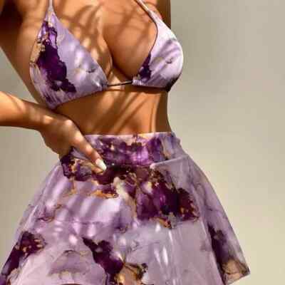 3 Piece Marble Print Halter Bikini Swimsuit With Cover Up Women's Size Small NEW
