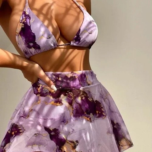 3 Piece Marble Print Halter Bikini Swimsuit With Cover Up Women's Size M NEW - 第 1/6 張圖片