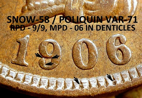 1906 Indian Head Cent - AU+ SNOW-58, REPUNCHED/MISPLACED DATE (K884)