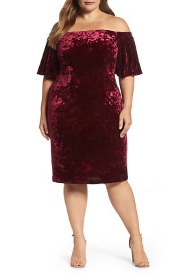 eliza j off the shoulder velvet dress ELIZA J Wine Off Shoulder Flutter Sleeve Crushed Velvet Cocktail Dress 22W  = 3X