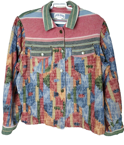 VTG 90s Southwestern Jean Jacket Aztec Women's L Boxy Oversize Gotcha Covered