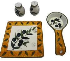 Black Olive Ceramic Tableware Set w/S & P Shakers, Pot Holder, Spoonholder