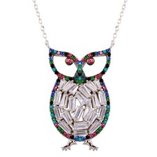 MULTI - COLORED OWL NECKLACE PENDANT W/ MULTI - COLOR GEMS / 18''