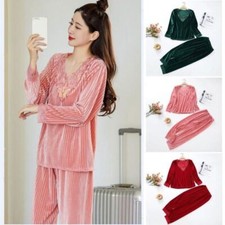 2Pcs Women Velvet Sleepwear Pajamas Sets Sweet Princess Nightwear Top Pants