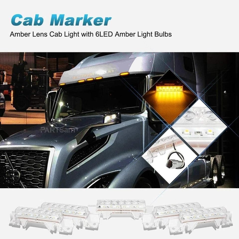 5PCS Clear Lens Amber LED Cab Roof Marker Lights For 2003-up Volvo VN/VNL Truck - Image 3 of 4