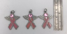 Pink Ribbon Breast Cancer Awareness Pendant/charm Lot Of 3pcs In MetalAndEnamel