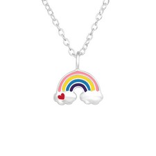925 Sterling Silver Pink Rainbow Clouds Red Heart Charm Necklace Kids Girls