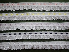 White Gathered Broderie Anglaise Satin Ribbon Slot Lace Trim 1.5"/4cm PER METRE