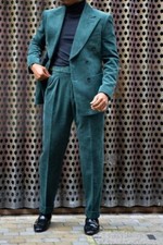 Blue Men Corduroy Suit Stripe Peak Lapel Prom Party Dinner Tuxedo Casual Suit