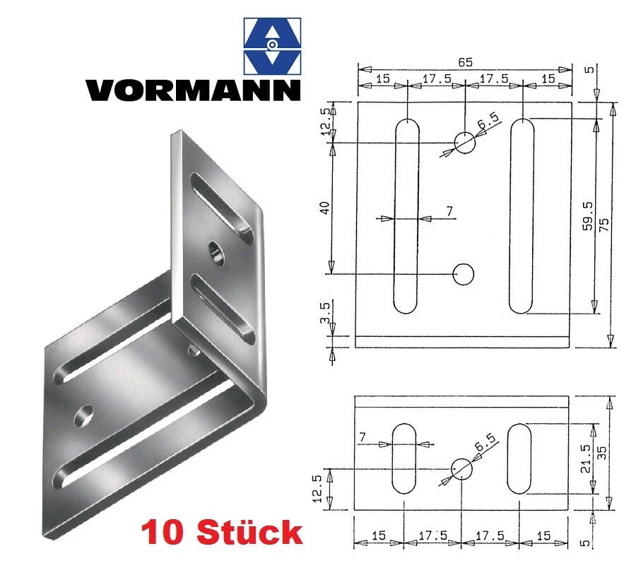 10 Stück Vormann Verstellwinkel /Breitwinkel 75x35x65x3,5 mm Stahl blau verzinkt