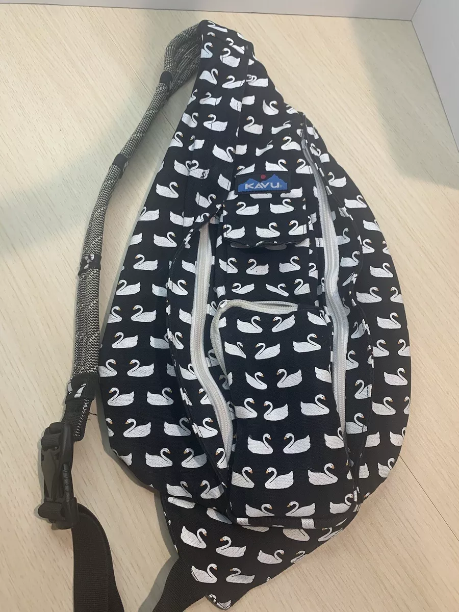 KAVU Swan Love Black Cotton Rope Sling Bag Backpack Hiking Outdoor
