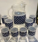 Vintage Anchor Hocking Pitcher & 8 Glasses Lace Blue/White Dots