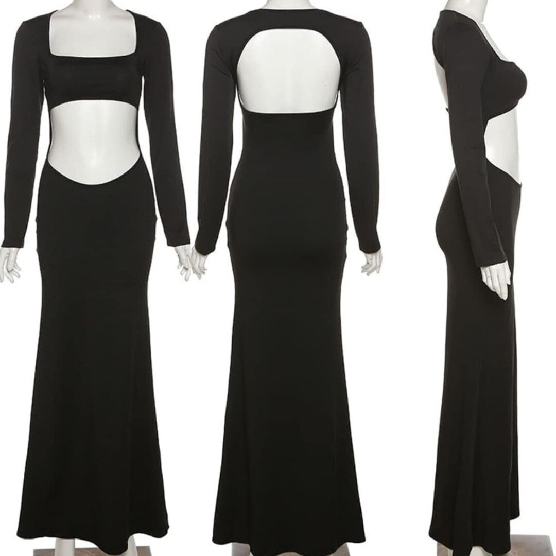 black dress with stomach cut out Navel Cutout Pleated Slit Long Dress – Aclosy main image 0