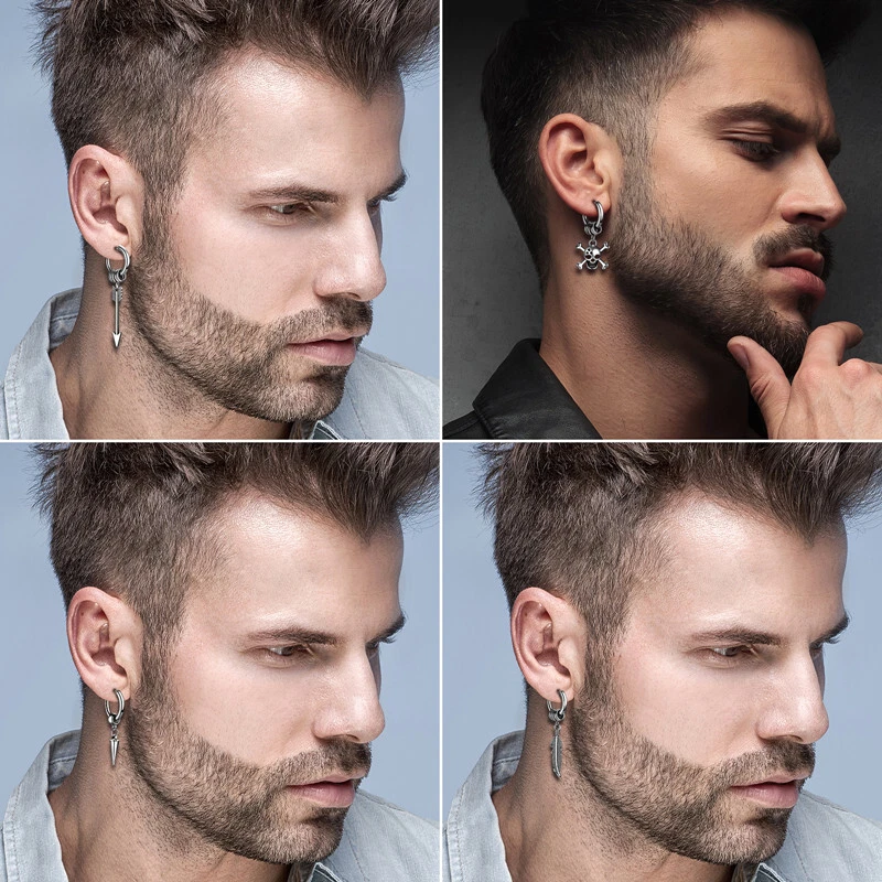 2pcs Punk Men Asymmetric Skull Spike Feather Arrow Dangle Ear Stud Hoop Earrings - Image 4 of 4