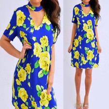 Soprano Blue Yellow Green Floral Shift Short Sleeve Dress L Large