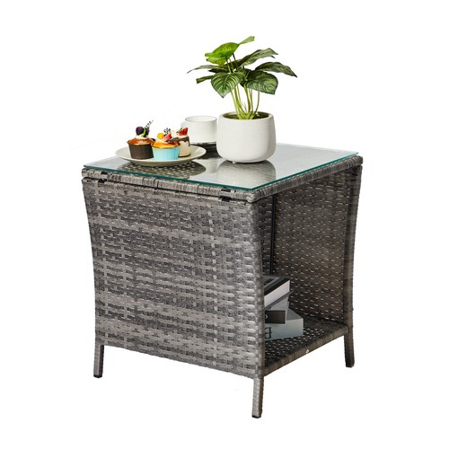 Outdoor Side Table - Outdoor Wicker End Side Tables for Patio with Storage Shelf - Picture 6 of 20