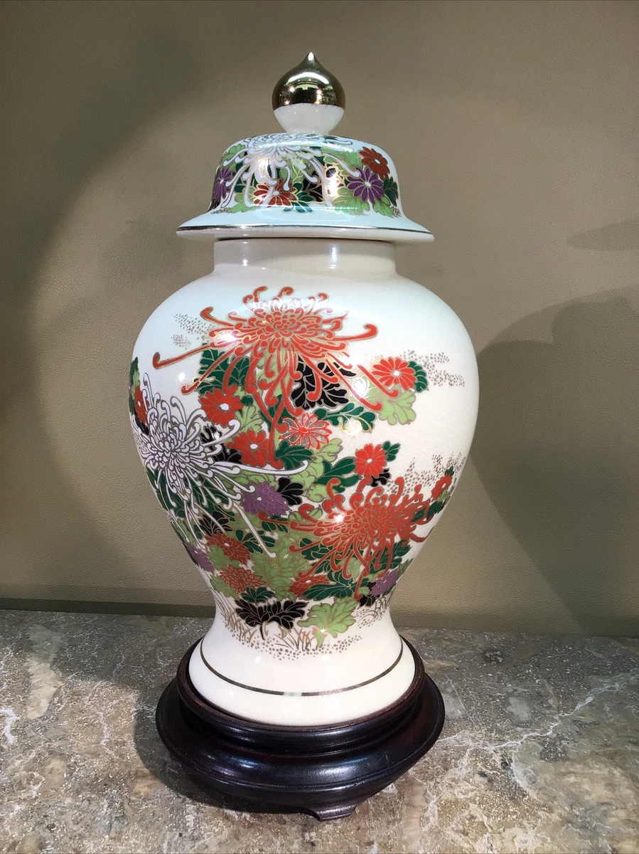 Porcelain Ginger Jar Lid Wood Base 14 tall Fuji Mum Florals Gift Quality