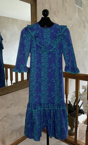 80s Nani of Hawaii Muumuu Royal Blue & Green Tea Leaf Lei Ruffles Vintage Small - Picture 13 of 23