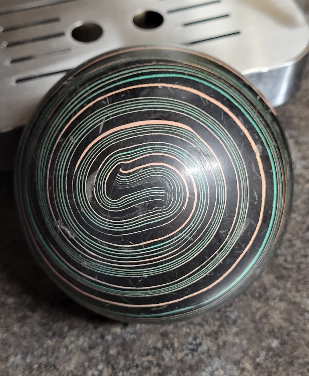 Stunning Set of 4 Vintage Mint Green/Pink/Black Swirl Candlepin Bowling