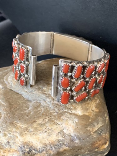 Mens Red Coral Navajo Sterling Silver Old Pawn Watch Tip Bracelet 12152 - Imagen 10 de 12