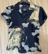 Citron Santa Monica Blouse S 100% Silk Blue Fan Floral Raised Print Short Sleeve