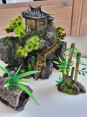 Aquarium Decorations Set - Large Ancient Stone Temple, Hollow Log, Bamboo
