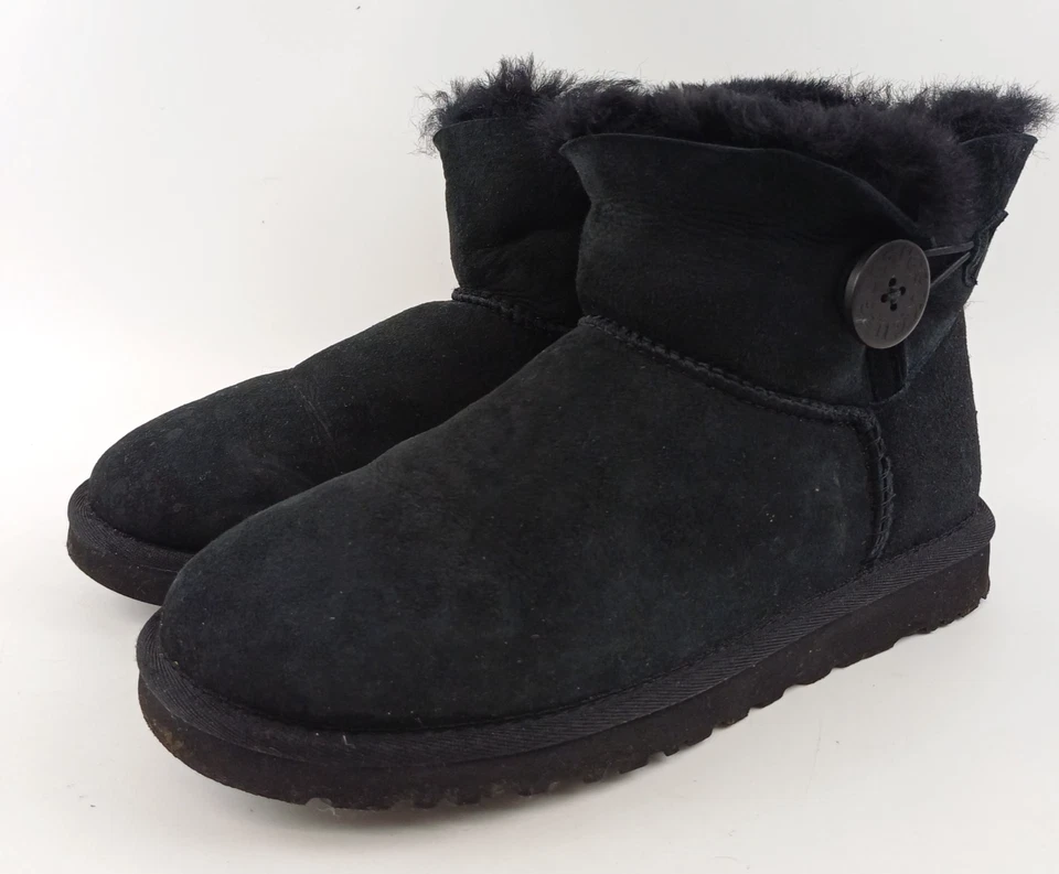 Boxed UGG Mini Bailey Button II Boots Black Sheepskin Suede Size 6.5, photo 2 of 5