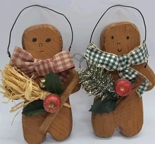 2-Primative Christmas Ornament Woodens Gingerbread 6" Tall Decoration Wall/Tree