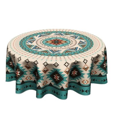  Ethnic Geometric Tablecloth Round 60 Inch Western Teal Ethnic Geometric