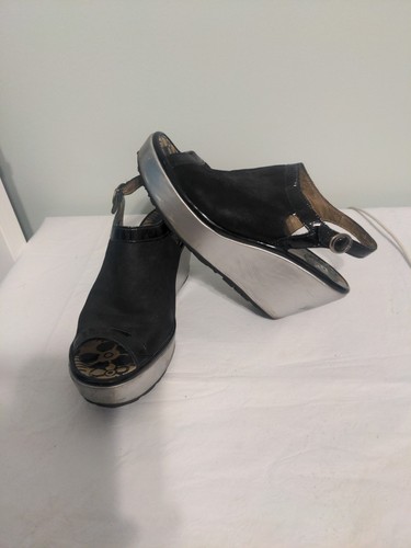 Fly London Yile Wedges Peep Toe Sandal Leather Black Silver Sole 6.5 - Picture 7 of 11