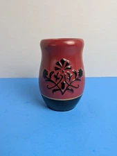 decorative ceramic container, burgundy with black flowers - Estate Find