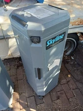 SKYLINE TRADE SHOW DISPLAY CASE 2 UNITA PLASTIC WITH WHEELS ON BOTTOM. 