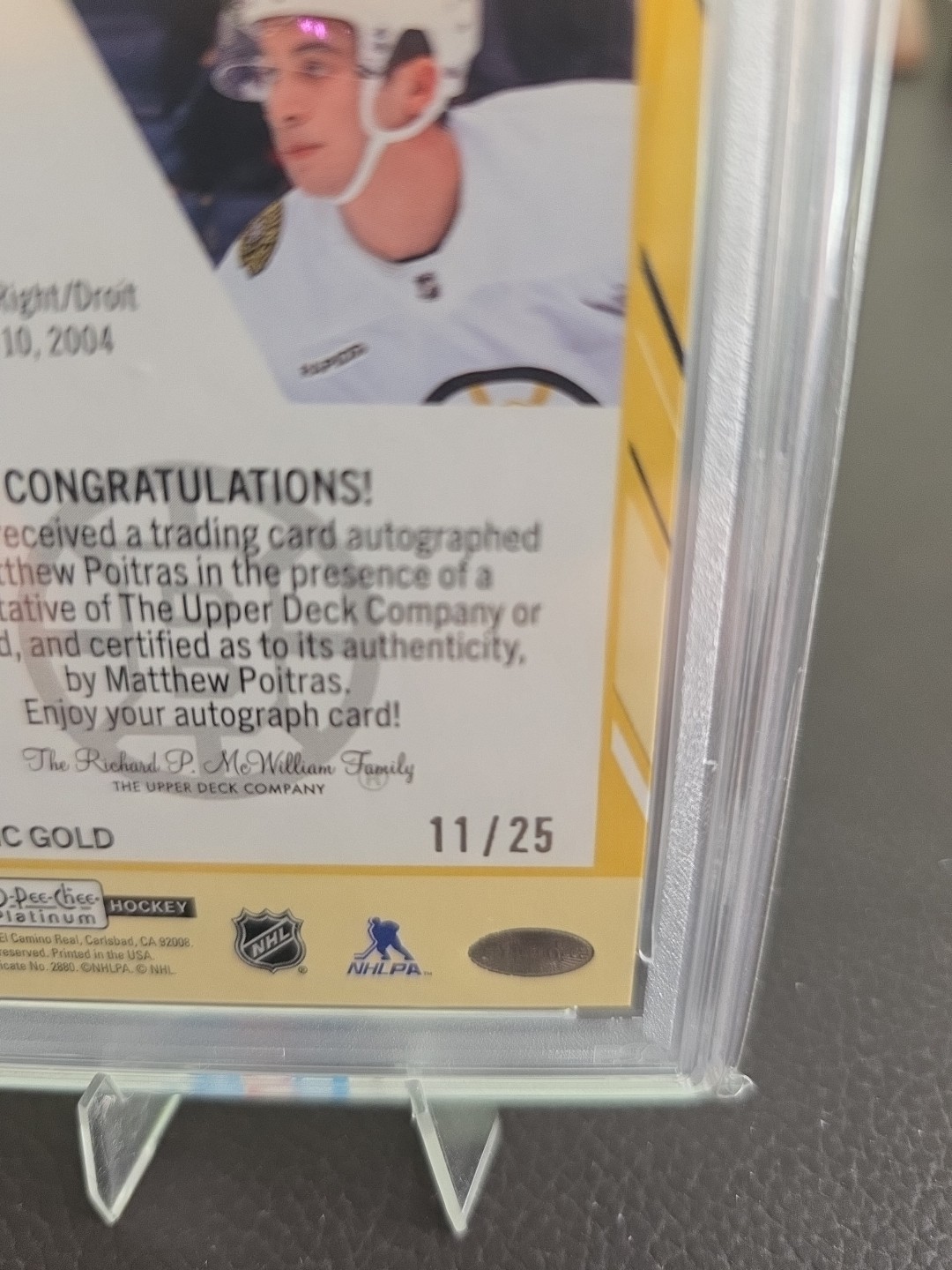2023-24 OPC Platinum Matthew Poitras #RPO Rookie Auto Seismic Gold 11/25 PSA 10 view 5