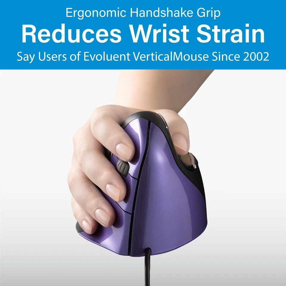 Evoluent Vertical Mouse Usb Wired Ergonomic Design Adjustable Pointer Speeds - Image 2 of 4