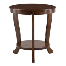Pemberly Row Round Transitional Wood Side Table with Shelf in Hazelnut Brown
