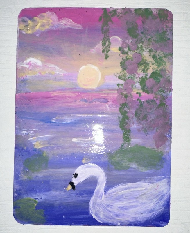 Hailey Lightfield Original ACEO Acrylic Painting Swan Sunset Landscape on Paper