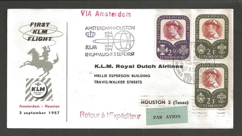 1957 Luxembourg Boy Scouts Girl Guide Baden Powell KLM First flight Houston