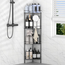 HuggieGems 4 Tier Floor Standing Corner Shower Caddy Organizer Shelf with Hooks,