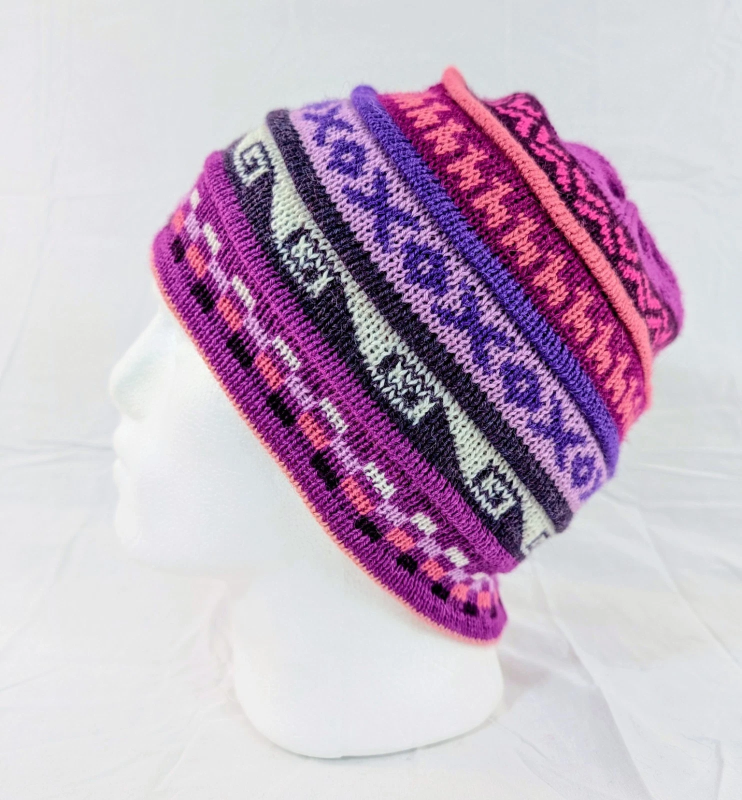 Soft Baby Alpaca Beanie Reversible Purple Pink Unisex Colorful Boho Llama Peru