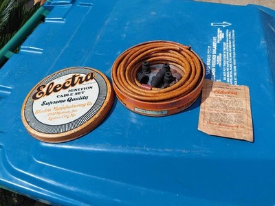 NOS Vintage Antique Cloth covered ''Electra'' ignition cable set in Tin fits many